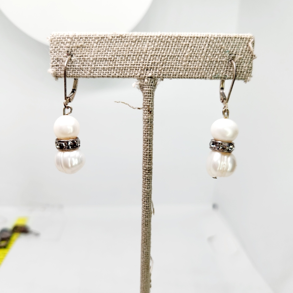 Sterling Silver White 11 mm Genuine Pearl Swarovski Dangle Earrings 925